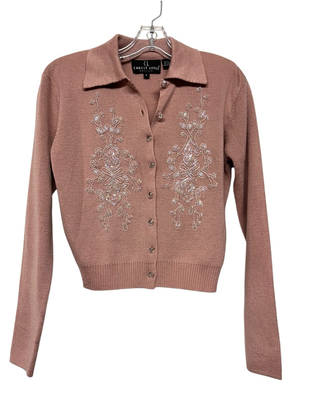 Vintage Carole Little Pink Beaded Cardigan Sweater Y2K Cottagecore Coquette